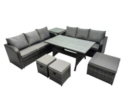 Rackhams 9 Seat Outdoor Wicker PE Rattan Garden Furniture Set Dining Table Sofa Set with Side Table 3 Stools Dark Grey Mixed - thumbnail 2