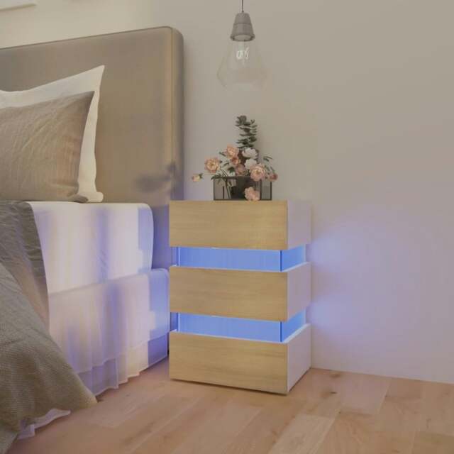Rackhams LED Bedside Cabinet White and Sonoma Oak 45x35x67 cm Engineered Wood