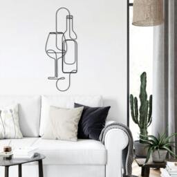 Rackhams Wine Bottle and Glass Minimalist Metal Line Art Wall Decor 96 cm - Metal - Black