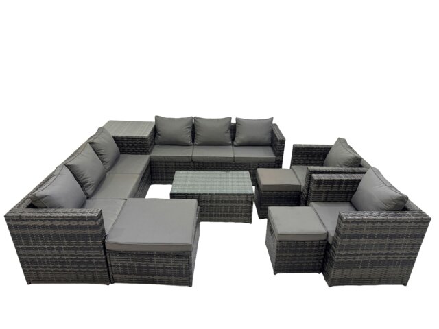 Rackhams 11 Seater Garden Outdoor Rattan Furniture Set Patio Corner Sofa Rectangular Coffee Table with 3 Stools Dark Grey - image 1