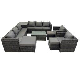 Rackhams 11 Seater Garden Outdoor Rattan Furniture Set Patio Corner Sofa Rectangular Coffee Table with 3 Stools Dark Grey - thumbnail 1