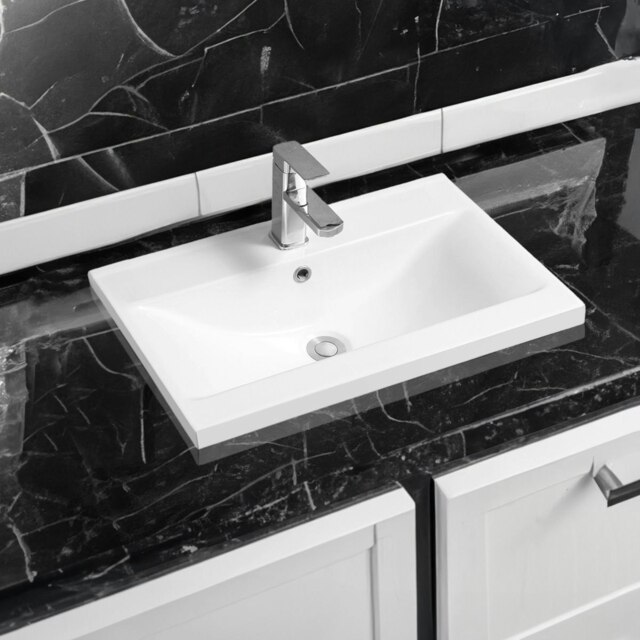 Rackhams 5004 Ceramic 61cm Mid-Edge Inset Basin with Dipped Bowl - White - Ceramic - 61cm