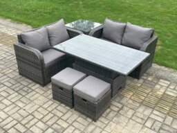 Rackhams Outdoor Rattan Garden Dining Set - Dark Grey Mixed Height Adjustable Rising Lifting Table Love Sofa Set with 2 Small Footstools - thumbnail 1
