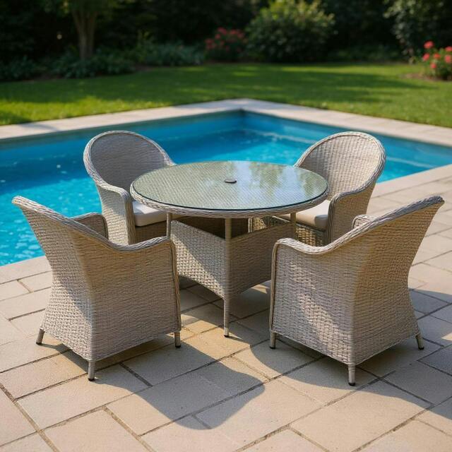 Rackhams Sorrento 4-Seater Rattan Dining Round Garden Table & Chairs Aluminium Outdoor Furniture Set - image 1