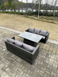 Rackhams 6 Seater Rattan Garden Furniture Set with Adjustable Rising Dining Table & 2 Sofas - Dark Grey Mixed - thumbnail 2