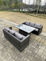 Rackhams 6 Seater Rattan Garden Furniture Set with Adjustable Rising Dining Table & 2 Sofas - Dark Grey Mixed - thumbnail 3