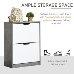 Rackhams Two Drawer Shoe Cabinet Home Storage Organiser w/ Groove Handles Hallway - Grey and White - thumbnail 3