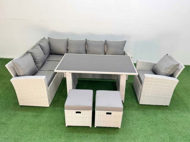 Rackhams 9 Seater Rattan Corner Sofa Outdoor Garden Furniture Set with Rectangular Dining Table Lounge Sofa 2 Small Footstools Armchair Light Grey - image 1