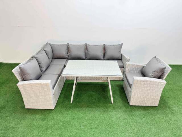 Rackhams Garden Outdoor Rattan Furniture Set Rattan Corner Sofa Oblong Dining Table with Armchair Light Grey Mixed 7 Seater - image 1