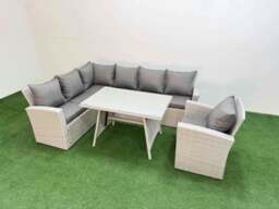 Rackhams Garden Outdoor Rattan Furniture Set Rattan Corner Sofa Oblong Dining Table with Armchair Light Grey Mixed 7 Seater - thumbnail 2