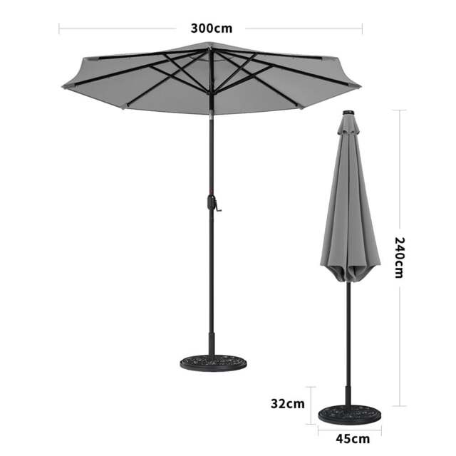 Rackhams 3M Garden Parasol Sun Umbrella Light Grey Iron With Solar LED Lights - 10KG Petal cement tank base - image 1