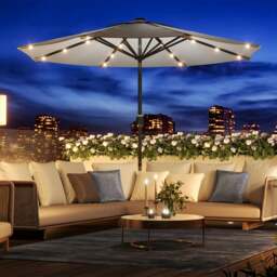 Rackhams 3M Garden Parasol Sun Umbrella Light Grey Iron With Solar LED Lights - 10KG Petal cement tank base - thumbnail 2