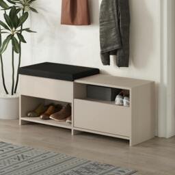 Rackhams Modern Filux Shoe Bench Rack Sliding Fabric Seat and 120.3(W) Storage Cabinet 2-Tier Open Shelves Hallway - Sandstone - thumbnail 1