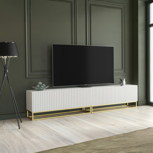 Rackhams Modular White TV Unit with Gold Base 200cm – Fluted Fronts & Push-Down Doors - 200cm - 1 - MDF/Chipboard - image 1