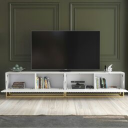 Rackhams Modular White TV Unit with Gold Base 200cm – Fluted Fronts & Push-Down Doors - 200cm  - 1 -  MDF/Chipboard - thumbnail 3