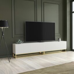 Rackhams Modular White TV Unit with Gold Base 200cm – Fluted Fronts & Push-Down Doors - 200cm  - 1 -  MDF/Chipboard