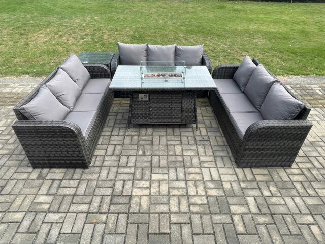Rackhams Rattan Furniture Garden Dining Set Gas Fire Pit Table With Side Table 3 Seater Sofa Dark Grey Mixed - image 1