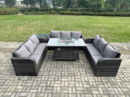 Rackhams Rattan Furniture Garden Dining Set Gas Fire Pit Table With Side Table 3 Seater Sofa Dark Grey Mixed - thumbnail 2