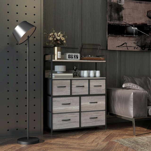 Rackhams Bedroom Chest of Drawers 7 Drawer Dresser w/ Shelves - Black - Grey Wood Effect - 7 - image 1