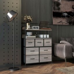 Rackhams Bedroom Chest of Drawers 7 Drawer Dresser w/ Shelves - Black - Grey Wood Effect - 7