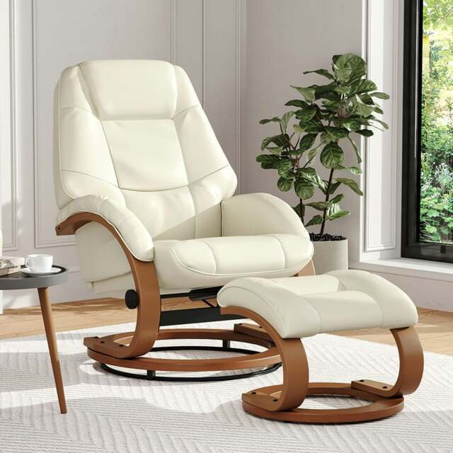 Rackhams Leather Recliner Armchair with Footstool PU High Back - Beige