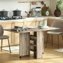 Rackhams Folding Dining Table, Drop Leaf Table with 2-Tier Shelves, Rolling Casters, for Small Spaces, Kitchen, Grey - thumbnail 2
