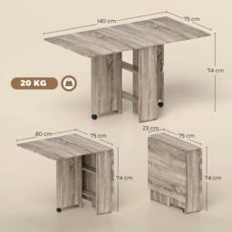 Rackhams Folding Dining Table, Drop Leaf Table with 2-Tier Shelves, Rolling Casters, for Small Spaces, Kitchen, Grey - thumbnail 3