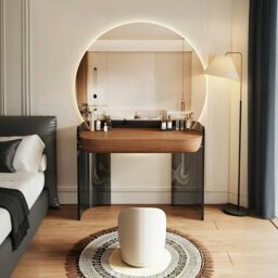 Rackhams Thomas Dressing Table With Large LED Mirror, Walnut & Black - 120cm With Large Mirror - With Stool