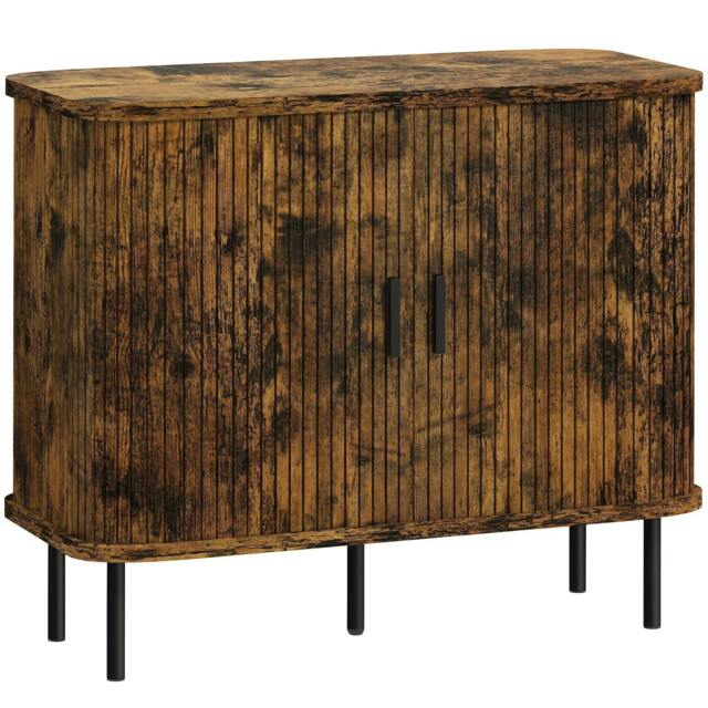 Rackhams Mid-Century Modern Sideboard Storage Cabinet with Slatted Tambour Sliding Doors, Kitchen Cabinet with Steel Legs, Rustic Brown