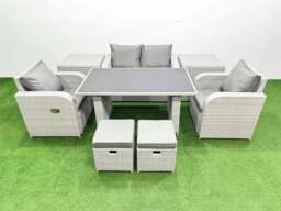 Rackhams Outdoor Rattan Garden Furniture Dining Set 6 seater Patio Rectangular Table Love Sofa Reclining Chair Set with 2 Side Tables 2 Small Stools - thumbnail 1