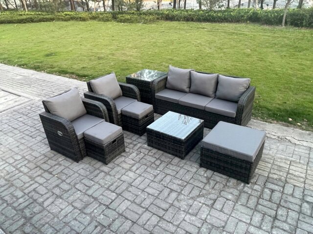 Rackhams Patio Garden Furniture Sets Wicker 8 Seater Outdoor Rattan Furniture Sofa Sets with Square Coffee Table Side Table 3 Footstools - image 1