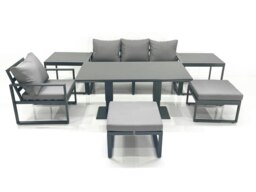 Rackhams 6 Seater Garden Sofa Set Aluminium Furniture Rising Dining Tabe Set with Chair 2 Big Footstool 2 Side Tables Dark Grey