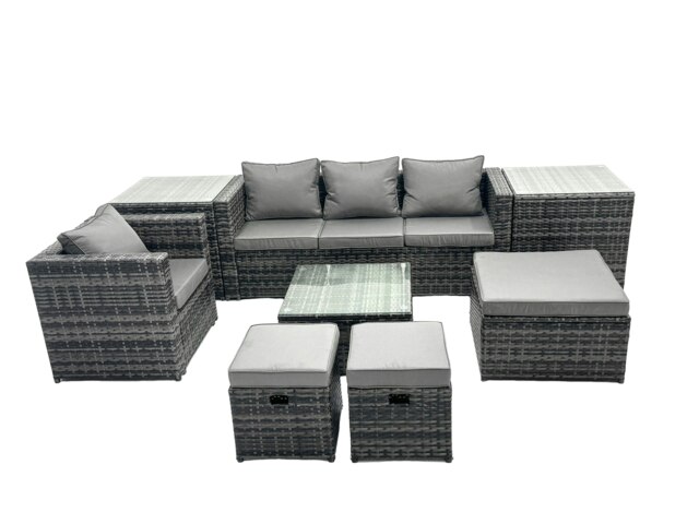 Rackhams Outdoor Rattan Garden Furniture Set 7 Seater Patio Lounge Sofa Set with Armchair Square Coffee Table 2 Side Tables 3 Footstools Dark Grey Mixed - image 1