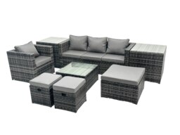 Rackhams Outdoor Rattan Garden Furniture Set 7 Seater Patio Lounge Sofa Set with Armchair Square Coffee Table 2 Side Tables 3 Footstools Dark Grey Mixed - thumbnail 2