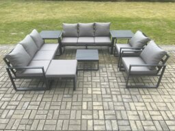 Rackhams Aluminium Patio Outdoor Garden Furniture Lounge Sofa Set with Square Coffee Table 2 Chairs Big Footstool 2 Side Tables Dark Grey - thumbnail 2