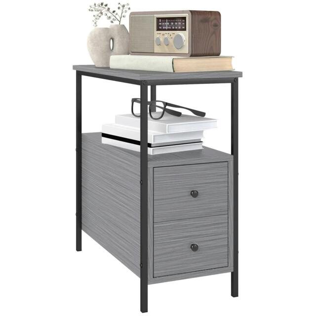 Rackhams Side Table, Narrow Bedside Table with 2 Drawers and Storage Shelf, Industrial End Table with Metal Frame for Small Spaces, Grey Wood Grain