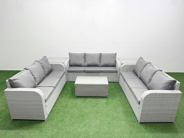 Rackhams PE Rattan Lounge Sofa Set 9 Seater Outdoor Garden Furniture Set with Rectangular Coffee Table 3 Seater Sofa 2 Side Table Light Grey - image 1