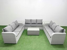 Rackhams PE Rattan Lounge Sofa Set 9 Seater Outdoor Garden Furniture Set with Rectangular Coffee Table 3 Seater Sofa 2 Side Table Light Grey - thumbnail 1