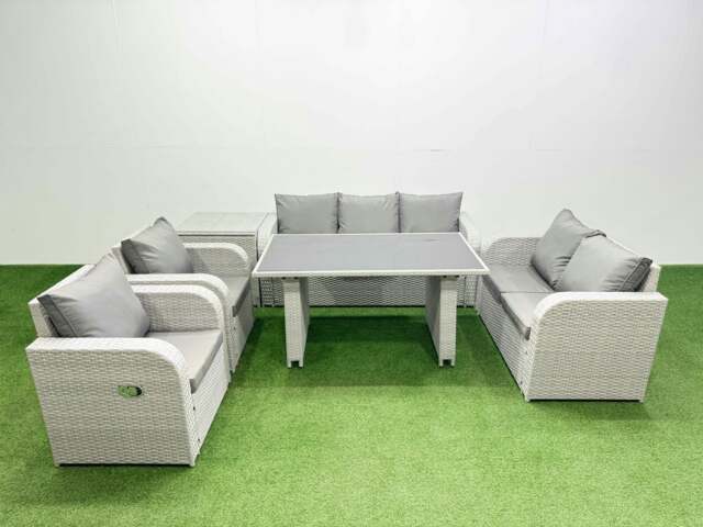 Rackhams 7 Seater Garden Furniture Set PE Rattan Garden Sofa Set with Rectangular Dining Table Side Table Light Grey - image 1