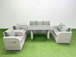 Rackhams 7 Seater Garden Furniture Set PE Rattan Garden Sofa Set with Rectangular Dining Table Side Table Light Grey - thumbnail 1
