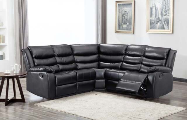 Rackhams Leather 5 Seater Reclining Corner Sofa + Drinks Tray - Black - image 1