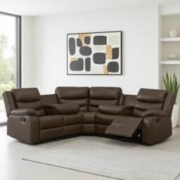 Rackhams Leather 5 Seater Reclining Corner Sofa + Drinks Tray - Black - thumbnail 4