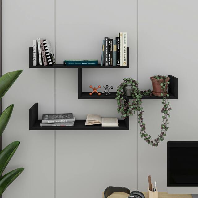 Rackhams Modern Tibet Wall Mounted Shelf Floating Bookcase Display Unit 66.5x119x22cm - Black Wood - image 1