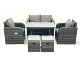 Rackhams Outdoor Garden Furniture Set Rattan Sofa Dining Table Set with Reclining Chair 2 Small Footstool Dark Grey Mixed - thumbnail 1