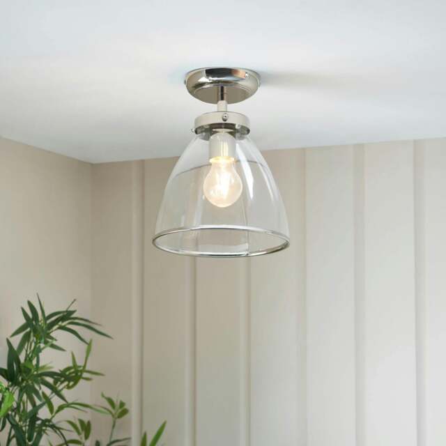 Rackhams Brunswick Satin Nickel and Clear Glass Semi-Flush Ceiling Light - image 1