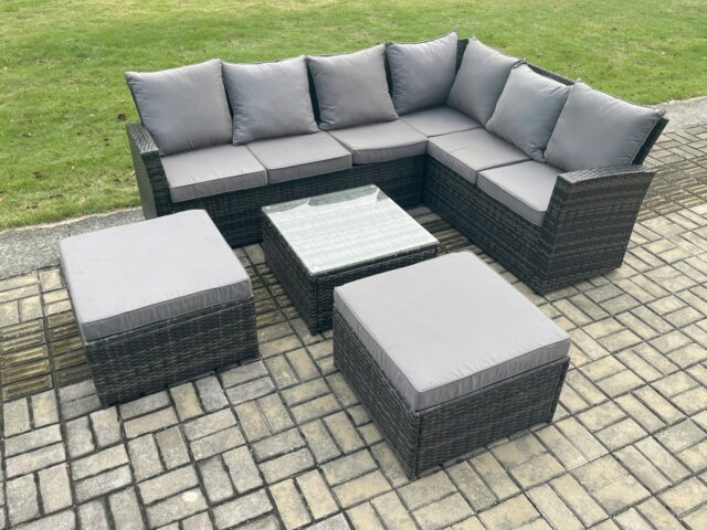 Rackhams 8 Seater Wicker PE Outdoor Garden Furniture Set High Back Rattan Corner Sofa Set with 2 Big Footstool Square Coffee Table - image 1