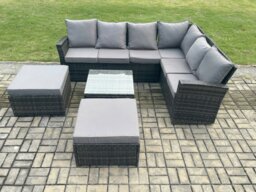Rackhams 8 Seater Wicker PE Outdoor Garden Furniture Set High Back Rattan Corner Sofa Set with 2 Big Footstool Square Coffee Table - thumbnail 2