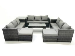 Rackhams Outdoor Garden Furniture Set 7 Pieces Rattan Sofa Set with Coffee Table 2 Big Footstools Side Table Dark Grey Mixed - thumbnail 1