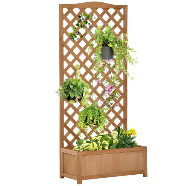 Rackhams 53L Garden Wooden Planter Box with Trellis Free Standing Flower Raised Bed with Lattice for Climbing Plants, 76cm x 36cm x 170cm, Brown - image 1