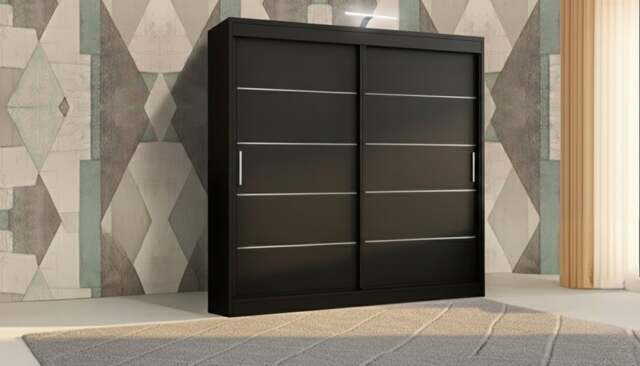 Rackhams Stylish Bedroom Sliding Wardrobe with LED Light - comes in White/Grey/Black/Oak and Width 120cm/150cm/180cm/203cm/250cm - 180cm - Black - Modern - image 1